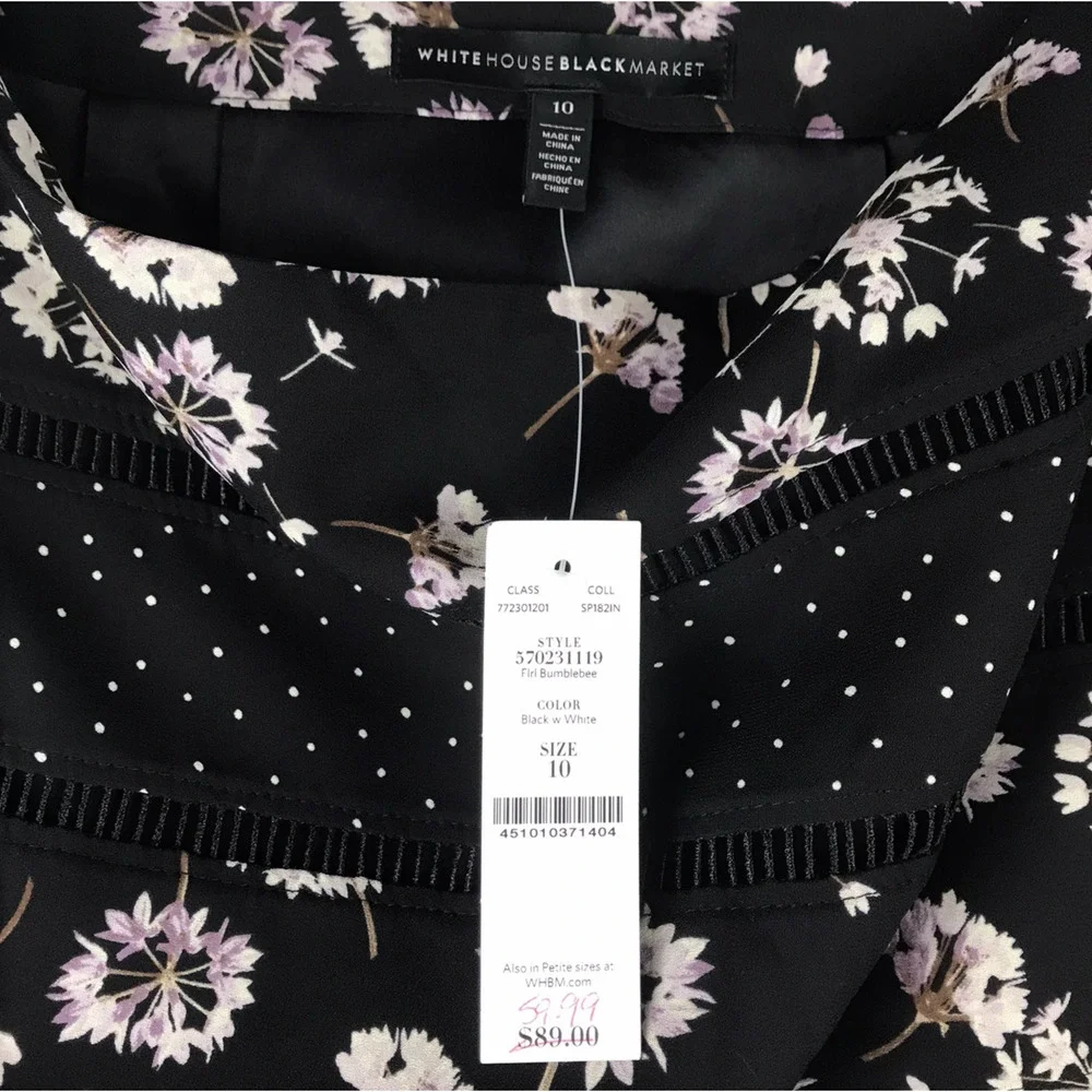 NWT White House Black Market Skirt Floral Polka Dot Black White Purple Lined 10